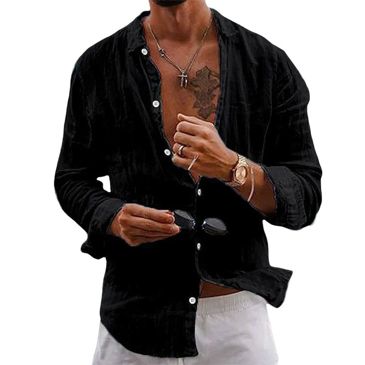 Khaki men's relaxed fit linen button-up, long sleeve, perfect casual summer shirt & beachwear.