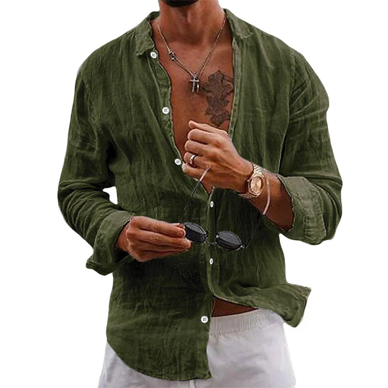 Elegant men's casual linen shirt, button-up, relaxed fit, perfect for warm weather and stylish summer looks.