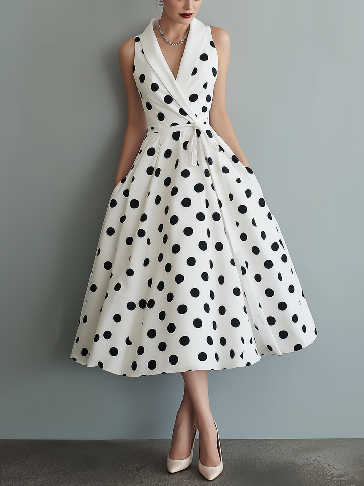 Elegant women's polka dot collared wrap midi dress with tie waist. Perfect for daytime or occasion wear.