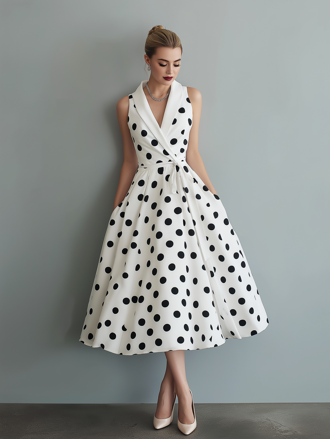 Chic women's sleeveless midi dress with a stylish polka dot pattern and a flattering wrap design.