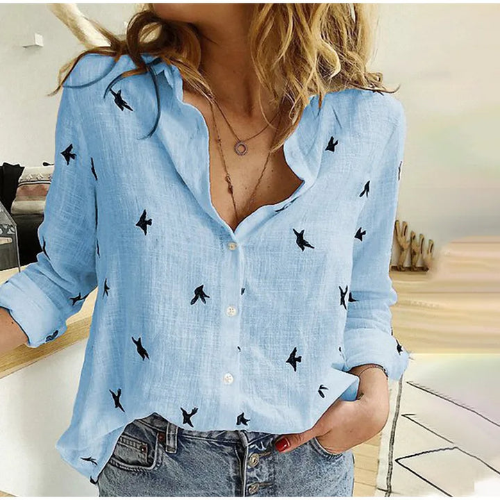 Women's lightweight bird print long sleeve blouse, perfect for casual spring & autumn wear.