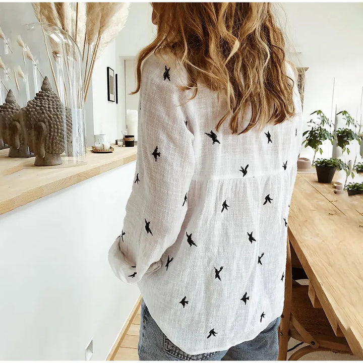 Casual women's bird print long sleeve shirt, breathable & versatile for everyday fashion.
