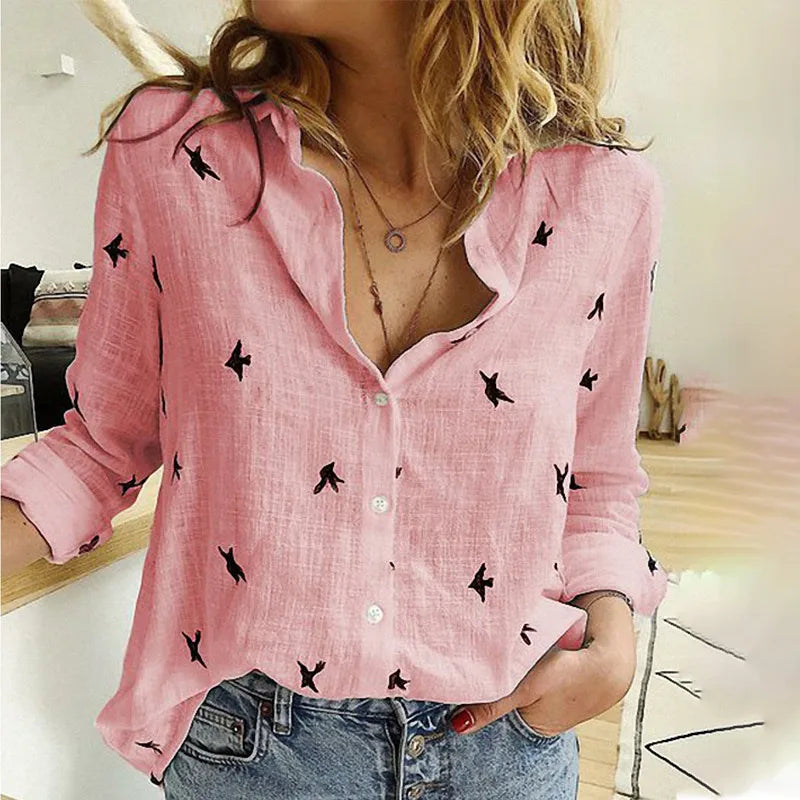 Elegant women's long sleeve blouse with unique bird pattern. Ideal for work or casual.