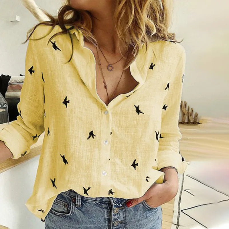 Versatile women's bird print top, long sleeve & lightweight. Great for spring and autumn.