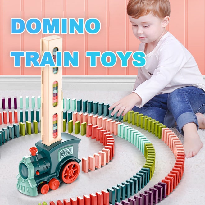 Kids' Automatic Domino Train Game setting up a long chain of colorful dominoes for creative fun.