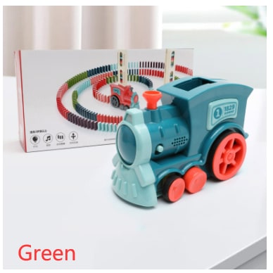 Front view of the Automatic Domino Train toy, ready to start its exciting domino-laying journey.