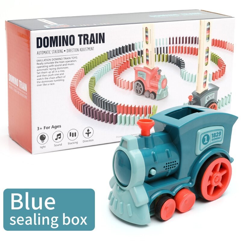 Child's hand placing vibrant dominoes into the Automatic Domino Train feeder for playtime fun.