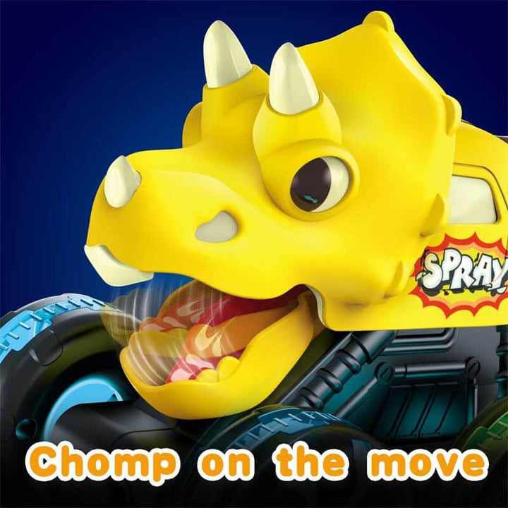 Triceratops dinosaur monster truck toy with bright LED wheels, roaring sounds, ideal for toddlers & kids.