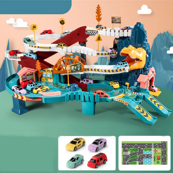 Close-up of a segment of the kids' interactive car play track, showing detailed vehicles & connecting parts.