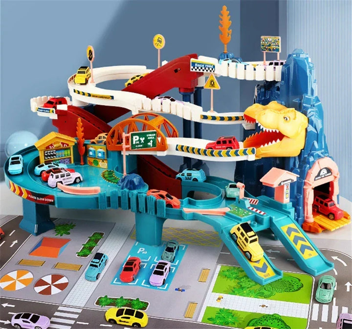 Overhead view of a fully assembled kids' interactive car play track set with various turns, bridges & cars.