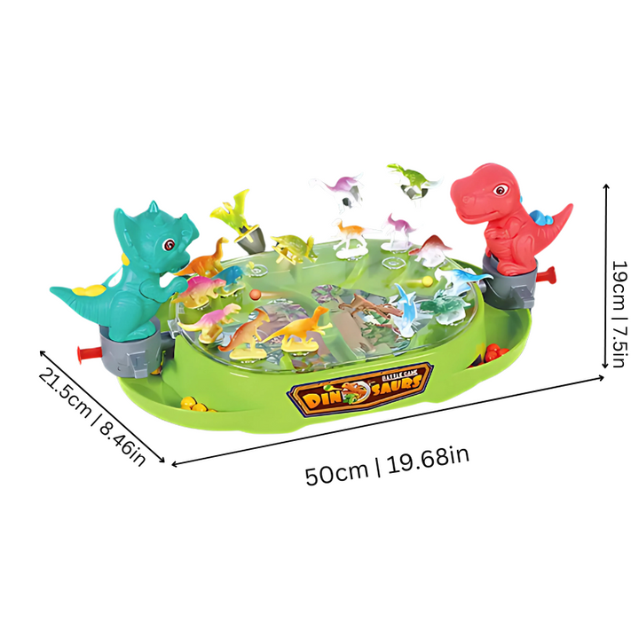 Dynamic scene of two children enjoying an interactive dinosaur battle game, a fun & educational 2-player toy for kids.