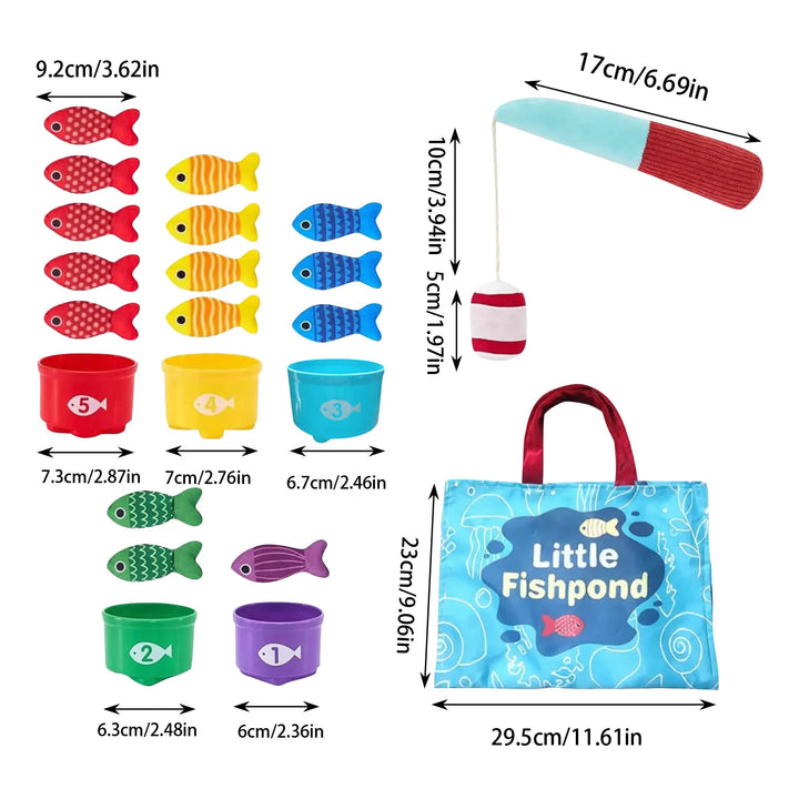 Magnetic fishing game set for kids, featuring colorful sea creatures and rods, promoting skill development & fun.