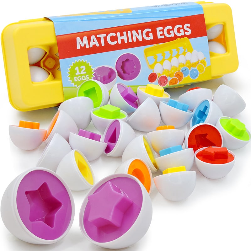 Toddler shape matching eggs enhance fine motor skills, color recognition, & problem-solving for kids.