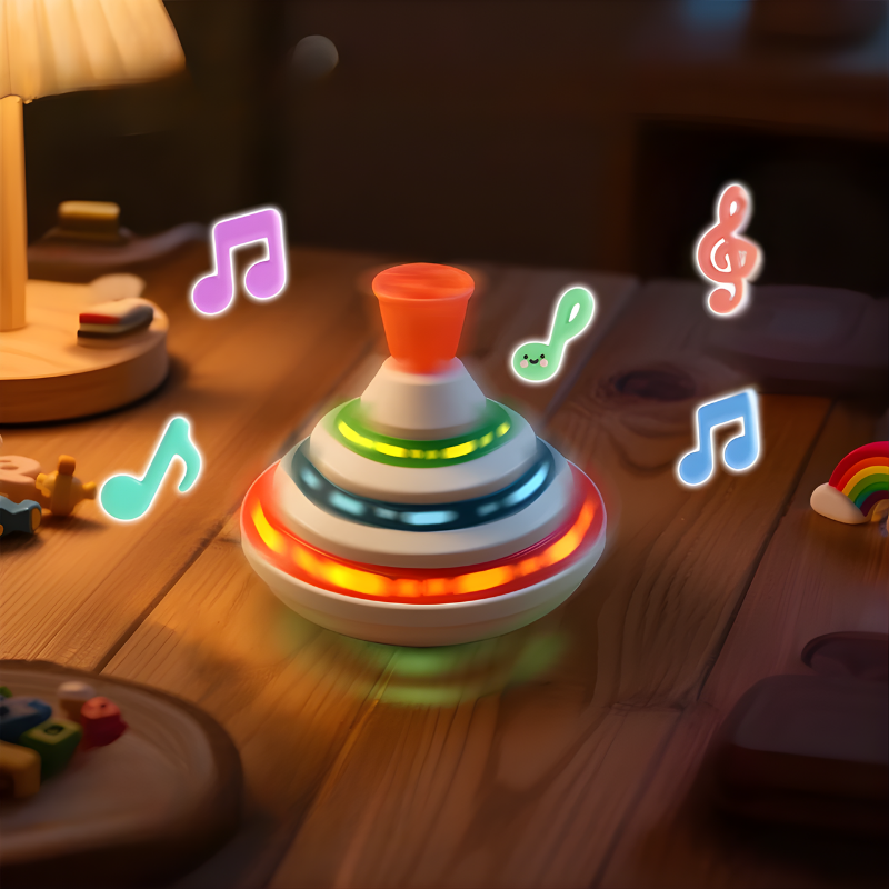 Colorful kids' musical light-up spinning top toy for sensory play, developing motor skills in toddlers & preschoolers.