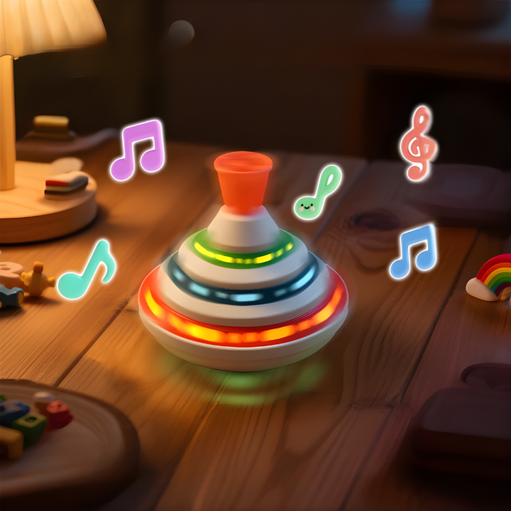 Colorful kids' musical light-up spinning top toy for sensory play, developing motor skills in toddlers & preschoolers.