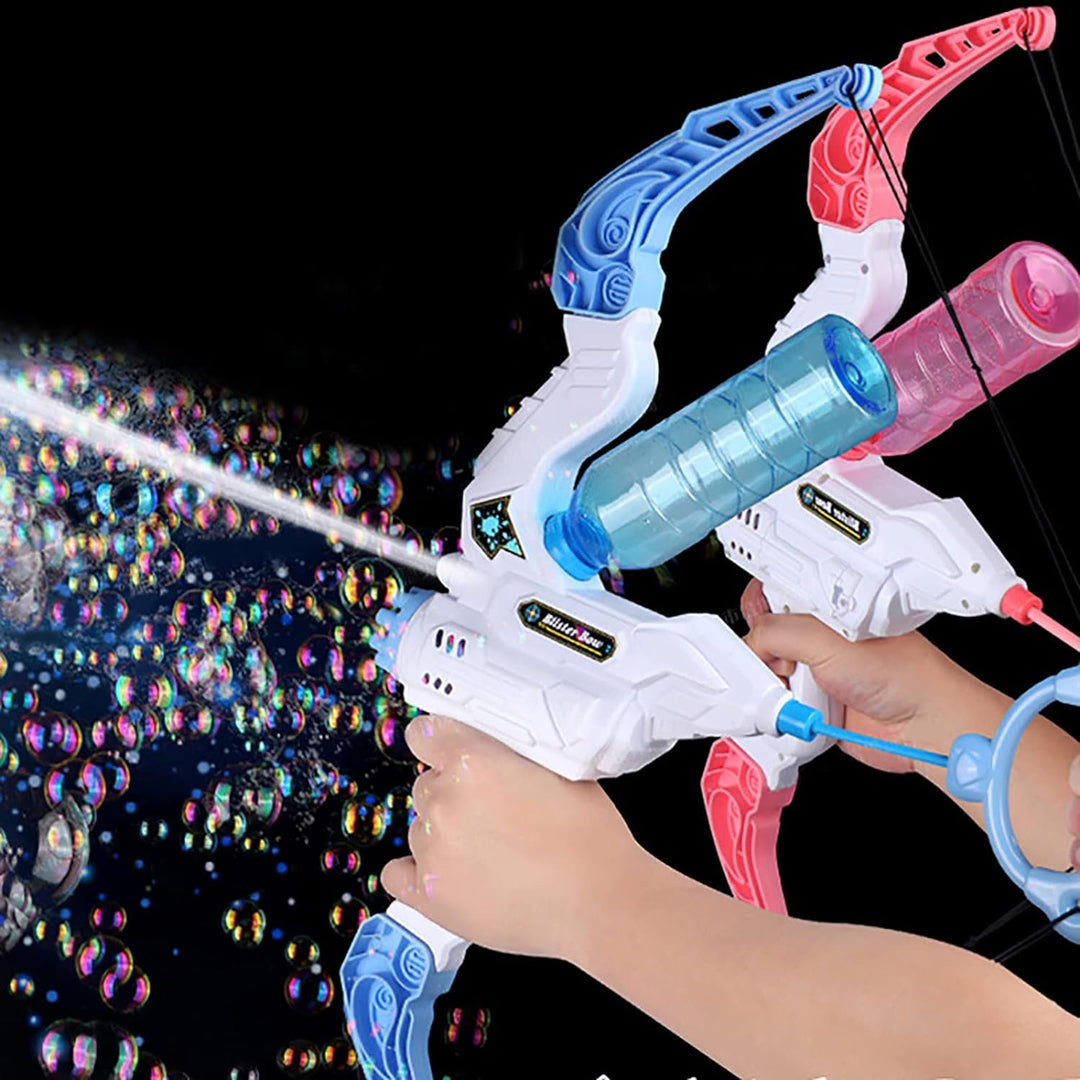 Boys and girls' 2-in-1 bow bubble machine and water blaster for active outdoor play.
