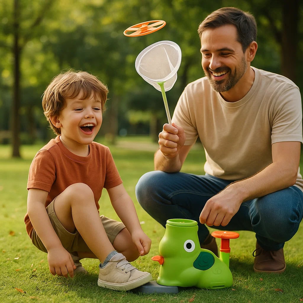 Child launching a flying disc with a durable outdoor disc launcher for active fun & skill building.