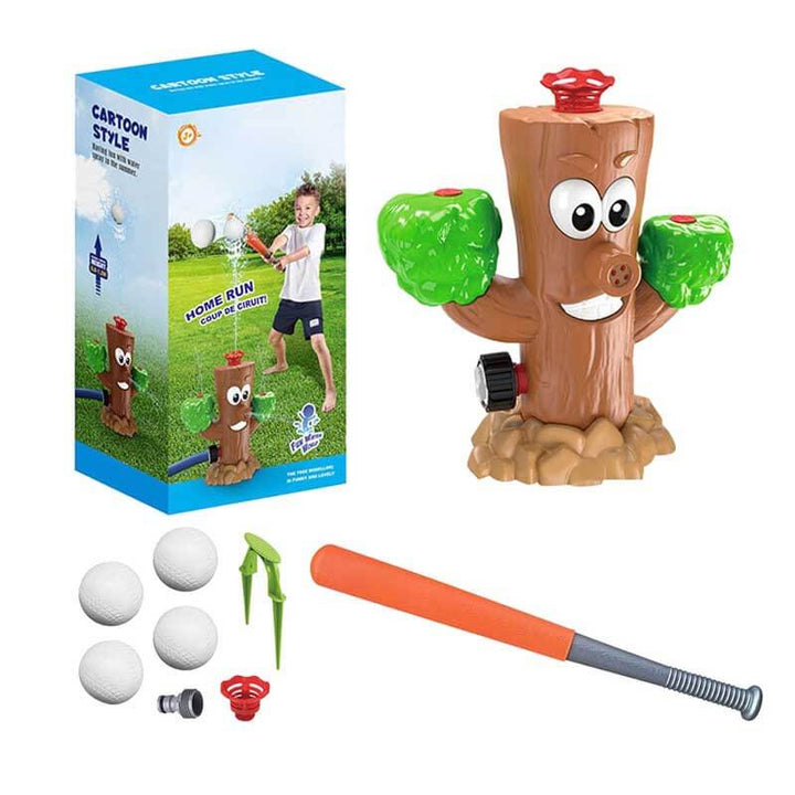 Outdoor kids' water baseball game with built-in sprinkler, ideal for summer activity.