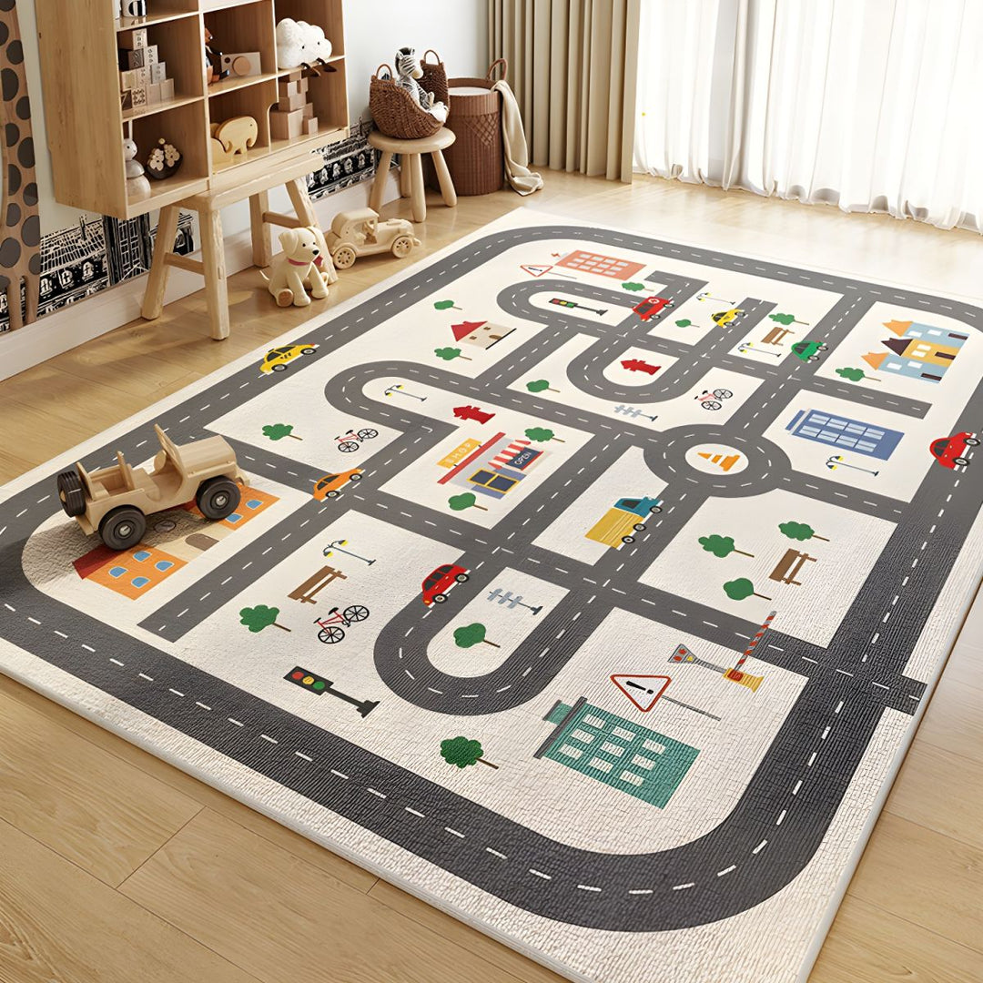 Vibrant educational playmat for kids, a soft polyester learning rug with anti-slip design for safe playroom fun.