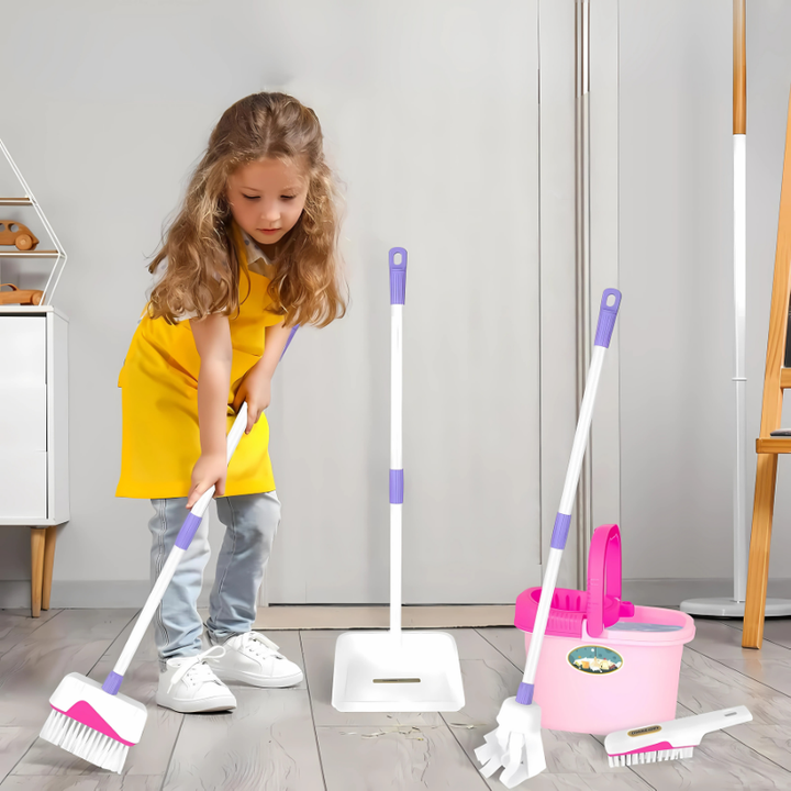 Durable kids' pretend cleaning set for role play, featuring pink and yellow toy broom, mop, and dustpan.