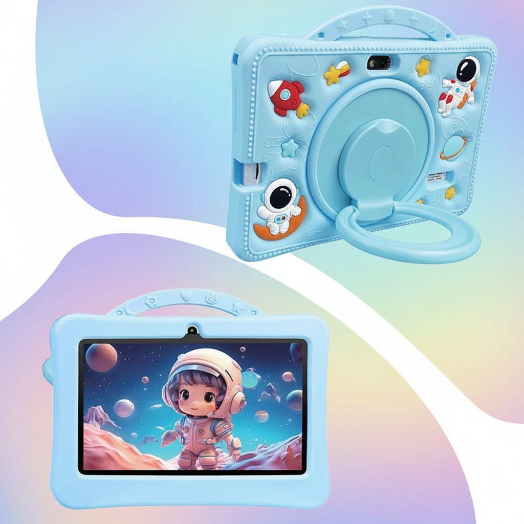 Kids' learning tablet displaying colorful educational games, ideal for early childhood development.