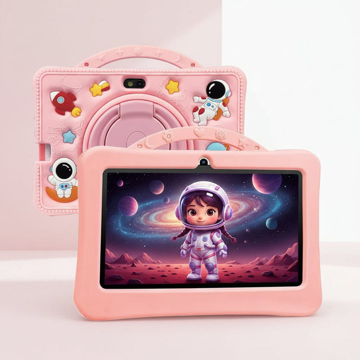 Happy child playing with a vibrant kids' educational tablet, engaging in interactive learning activities.