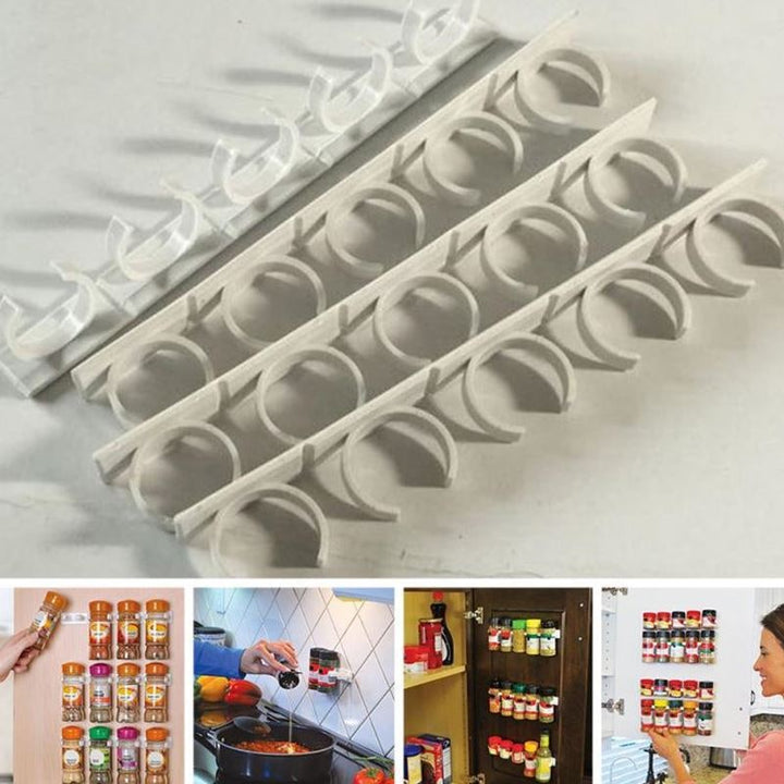 Wall-mount adhesive spice rack for kitchen cabinet organization. Keeps spices neat and accessible.