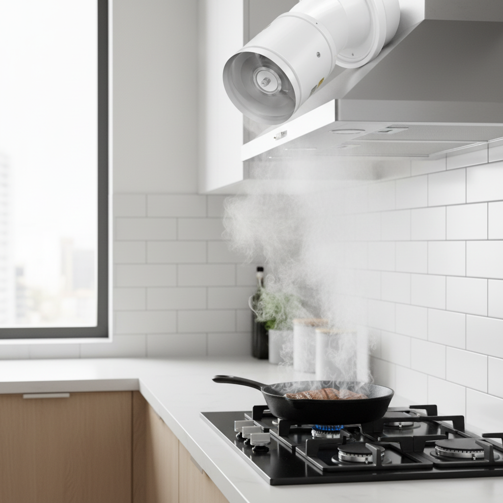 Quiet, compact exhaust fan for kitchen ventilation, odor control, & air purification. Home comfort.