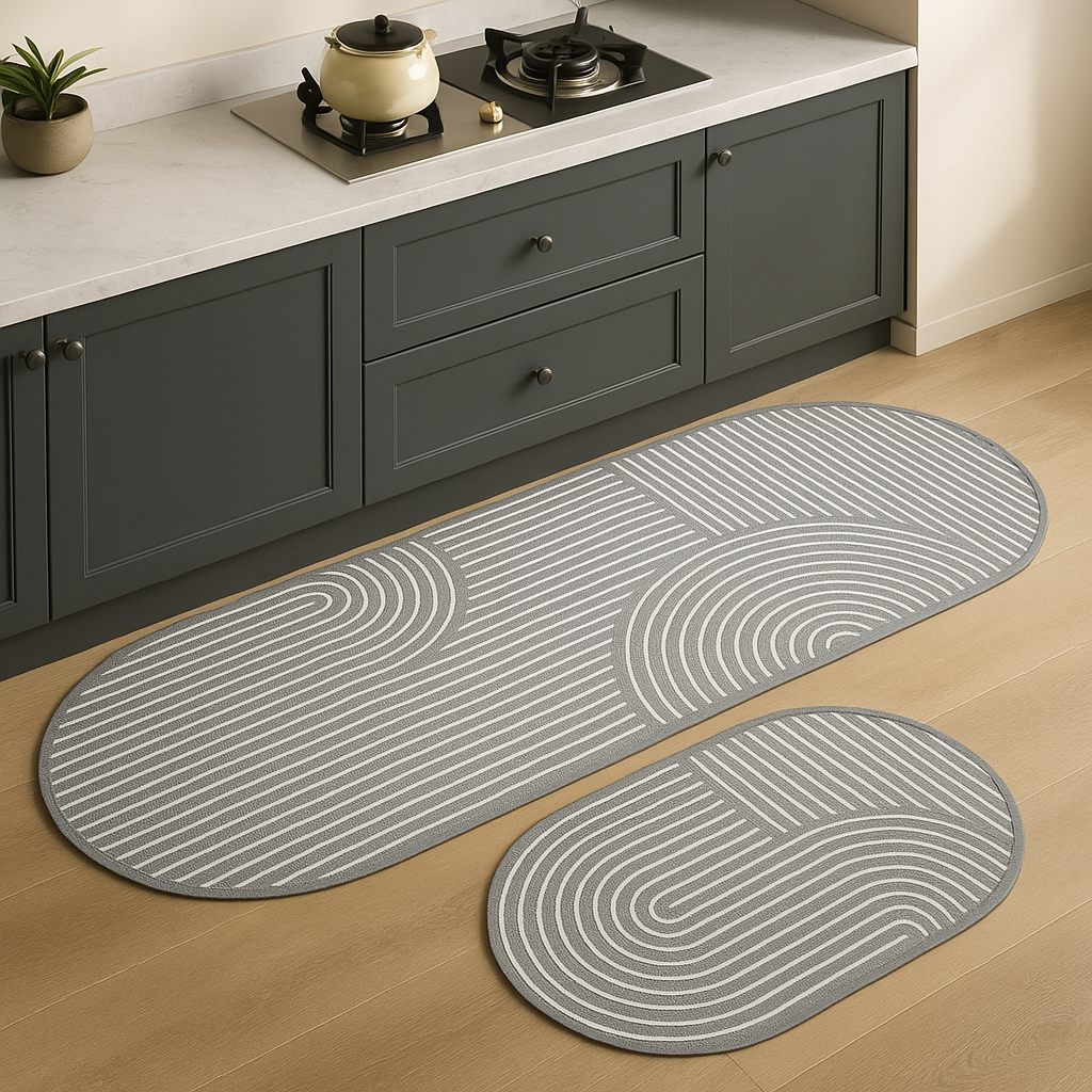 Modern absorbent kitchen floor mat with anti-slip backing & cushioned support for daily kitchen tasks.