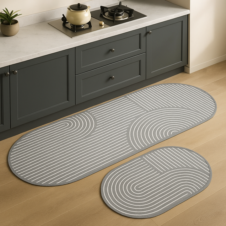 Modern absorbent kitchen floor mat with anti-slip backing & cushioned support for daily kitchen tasks.