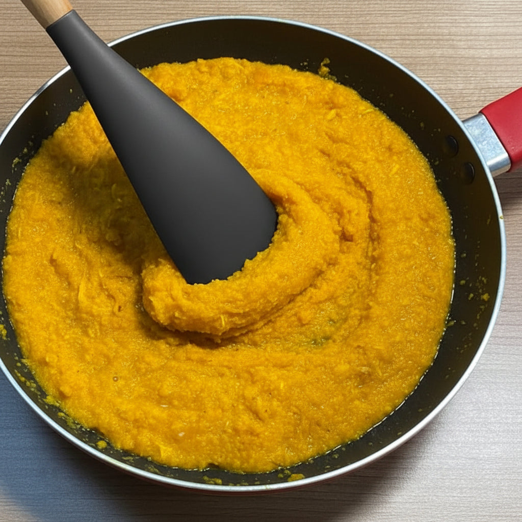 Ergonomic, seamless silicone kitchen spatula spoon. Heat-resistant, non-stick safe baking & cooking gadget.