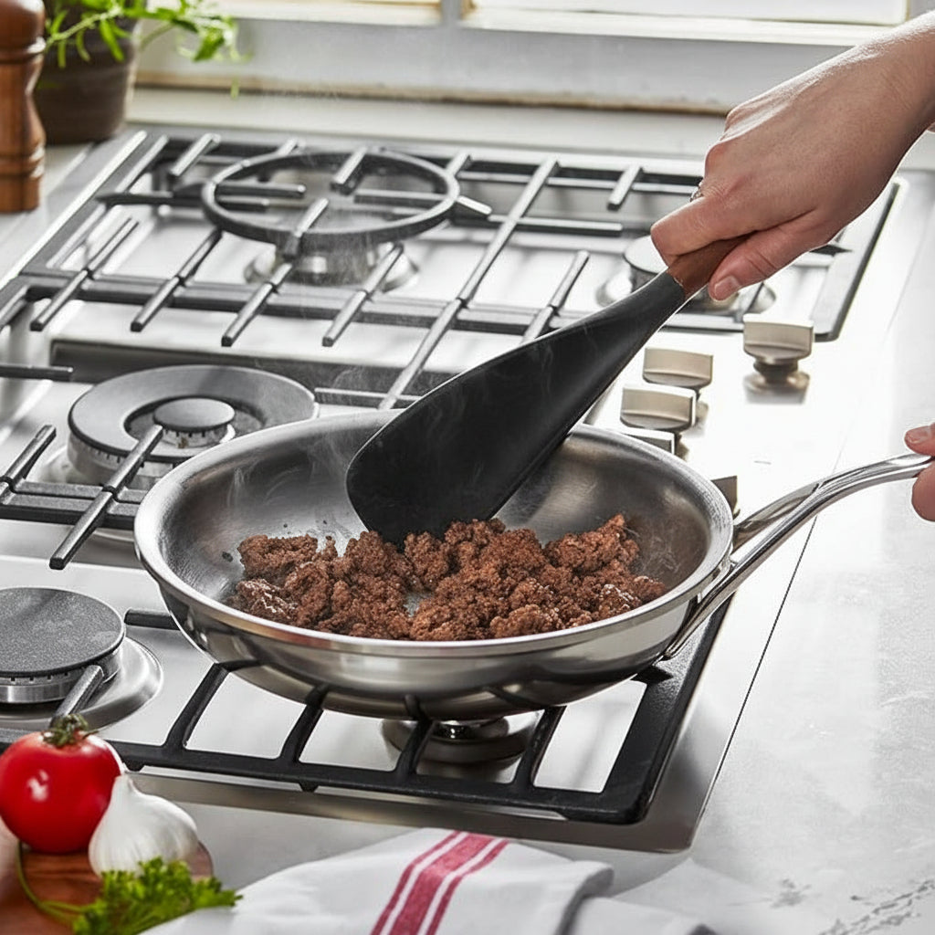 Durable kitchen silicone spatula spoon. Seamless design, heat-resistant, safe for non-stick cookware & baking.