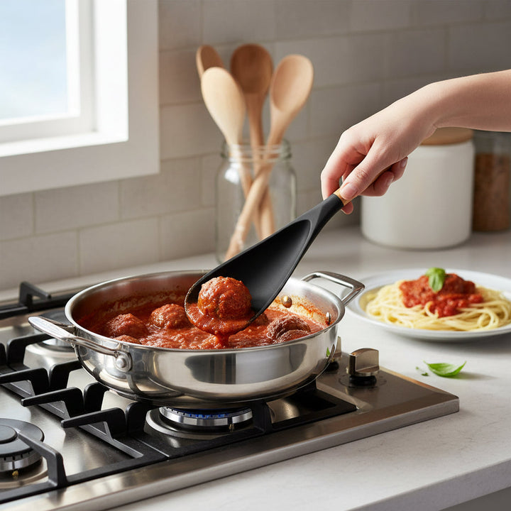 Versatile silicone cooking spoon & spatula. Ideal for mixing, stirring, baking, and serving. Non-stick friendly.