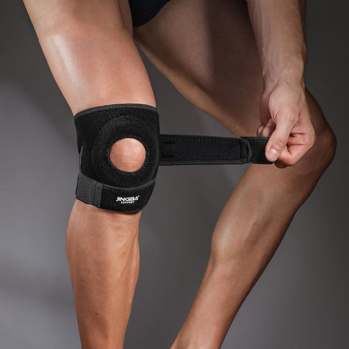 Model wearing a unisex knee brace, demonstrating comfortable joint support for pain relief and stability.