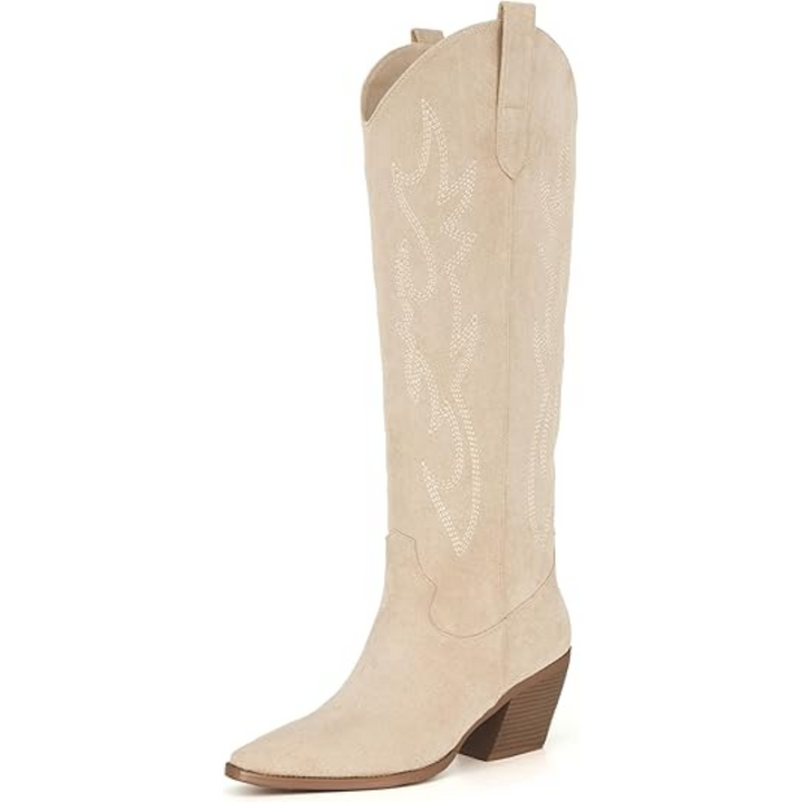 Women's knee-high embroidered western boots, suede & leather mix, pointed toe, block heel.