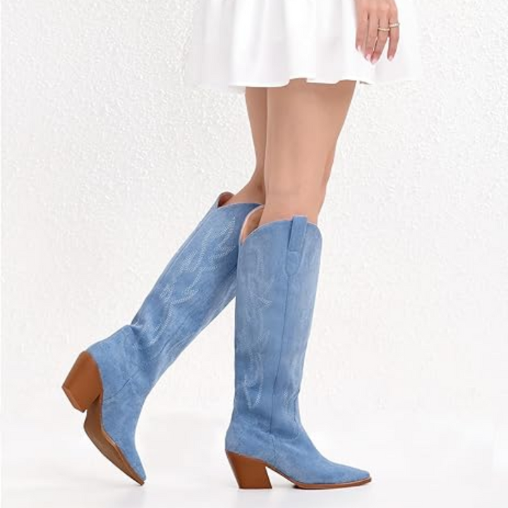 Women's embroidered knee-high cowboy boots in suede & synthetic leather for western style.