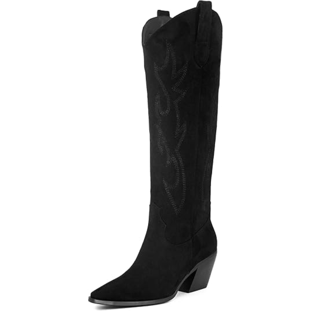 Comfortable & stylish women's knee-high embroidered cowboy boots with a trendy block heel.