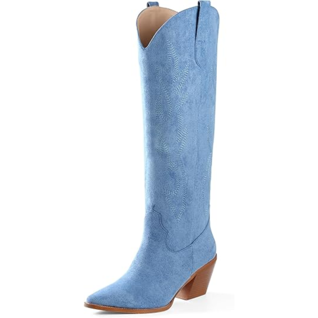 Fashionable women's embroidered cowboy boots, knee-high, perfect for a chic western look.