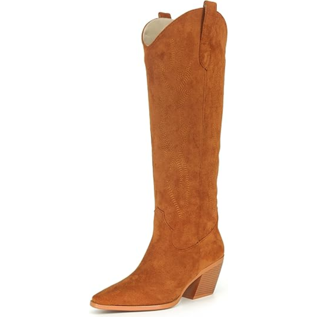 Embroidered women's cowboy boots, knee-high, pointed toe, and a comfortable block heel.