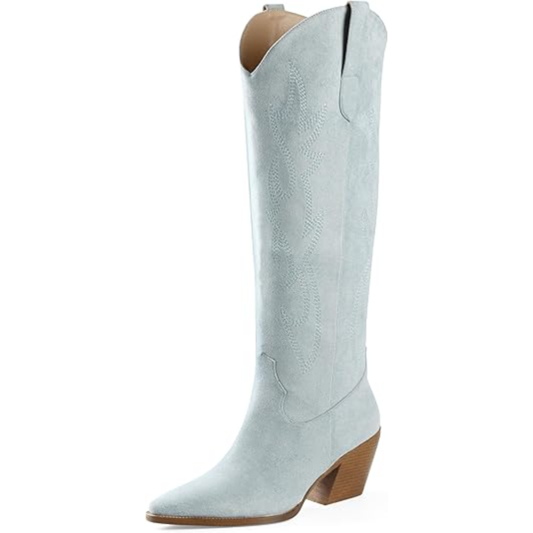 Suede & synthetic leather women's knee-high boots, featuring western embroidery & a block heel.