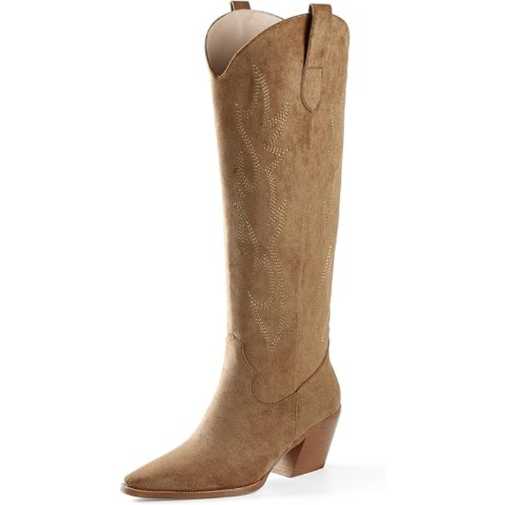 Mary model women's knee-high embroidered cowboy boots, suede & synthetic leather, western style.