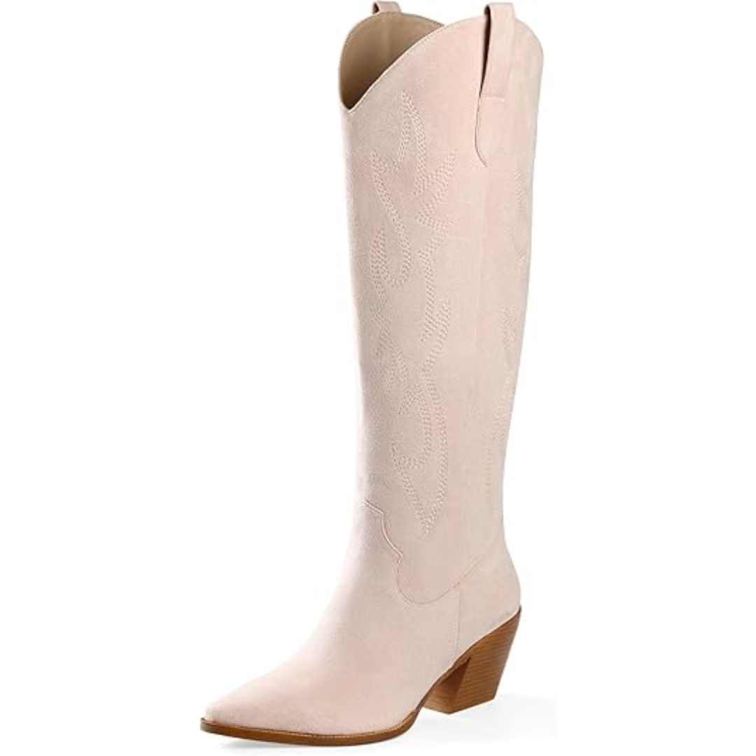 Versatile women's knee-high cowboy boots with elegant embroidery, perfect for a western fashion look.