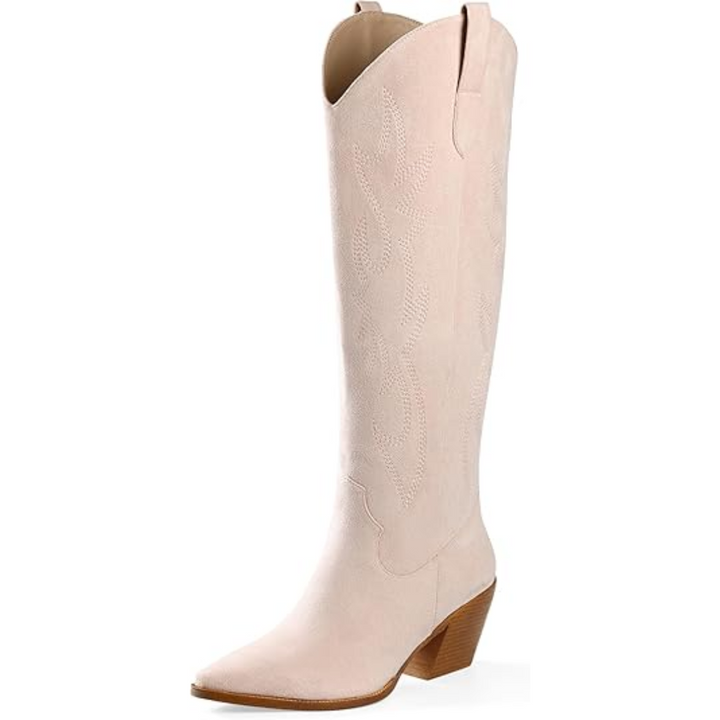 Versatile women's knee-high cowboy boots with elegant embroidery, perfect for a western fashion look.