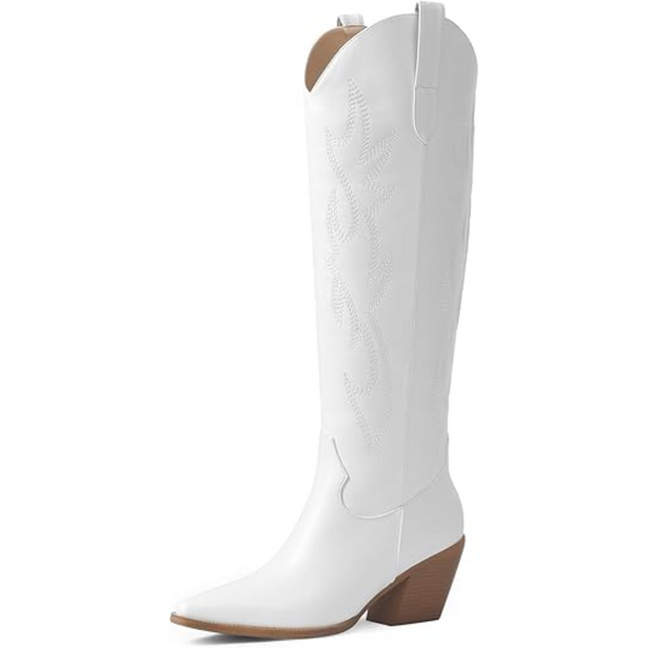 Close-up of intricate embroidery on women's knee-high western style fashion boots.