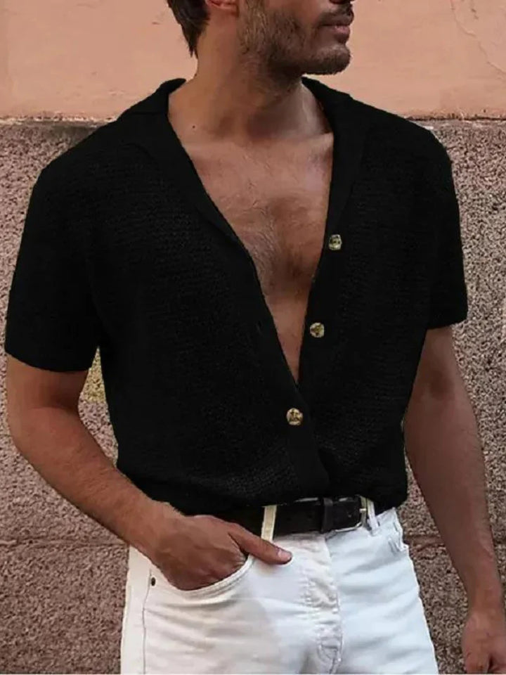 Cozy men's knitted buttoned shirt, offering everyday comfort. Ideal fall fashion layering.