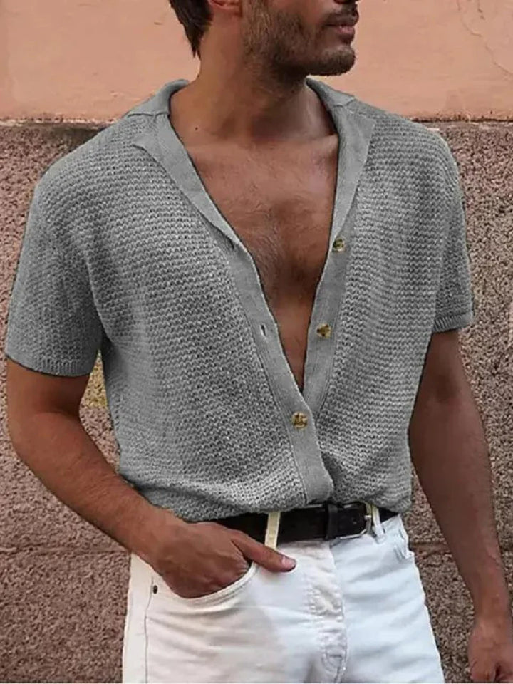Fall/winter men's knitted buttoned shirt. Stylish layering for cold weather & casual outfits.