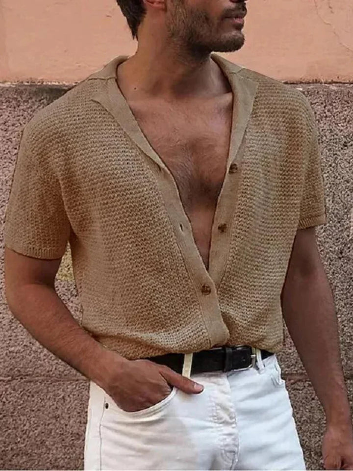 Soft knitted men's buttoned shirt, perfect for cozy wear. A stylish men's clothing essential.