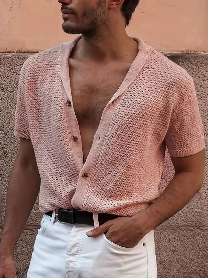 Men's cozy knitted buttoned shirt. Stylish men's clothing for fall & winter comfort.