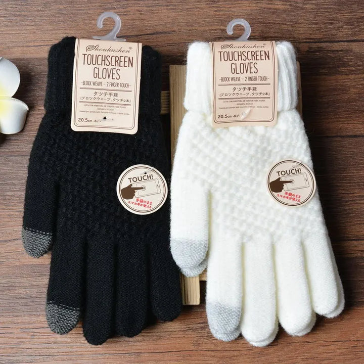 Women's knitted touchscreen gloves, durable Amara design for active winter days.