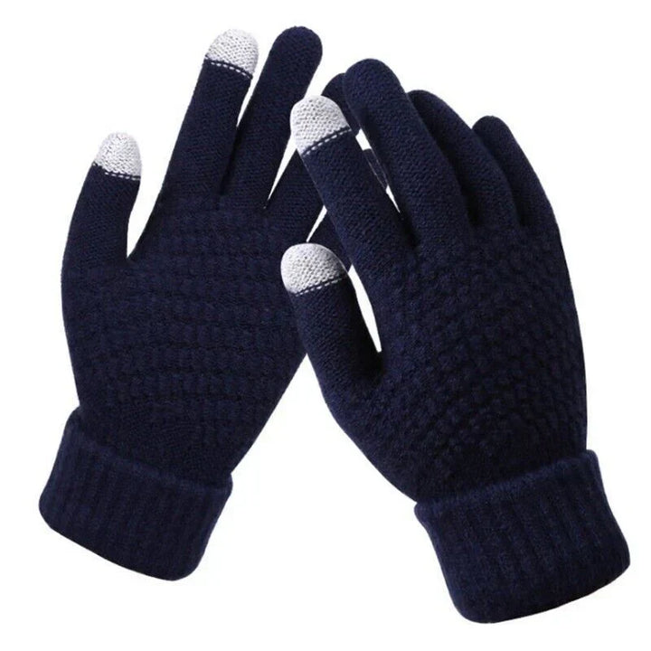 Warm women's touchscreen gloves, knitted comfort for cold weather adventures.